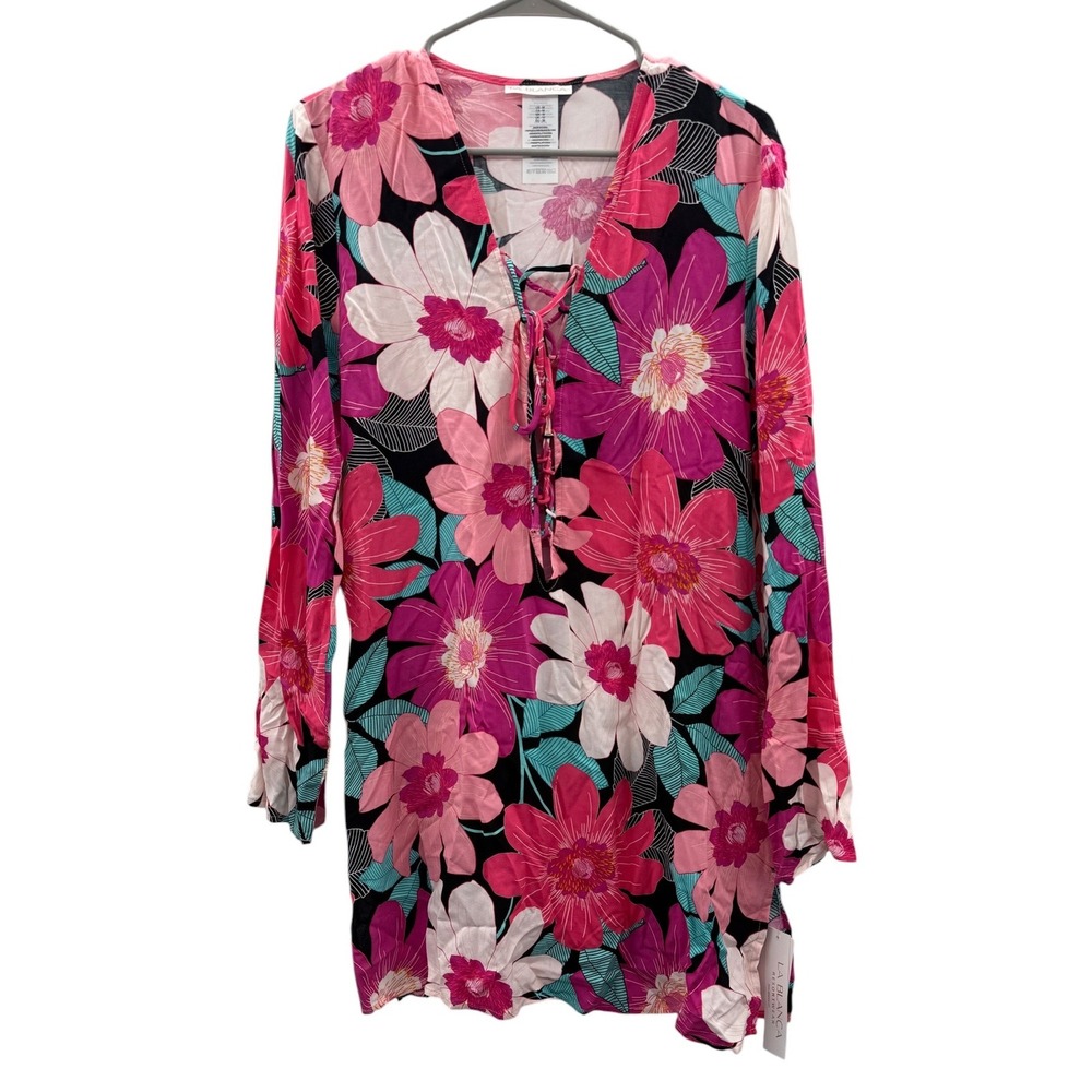 La Blanca Floral Tunic Swim Cover Up Womens M Pink Black Lace Up Resort LB2CJ55